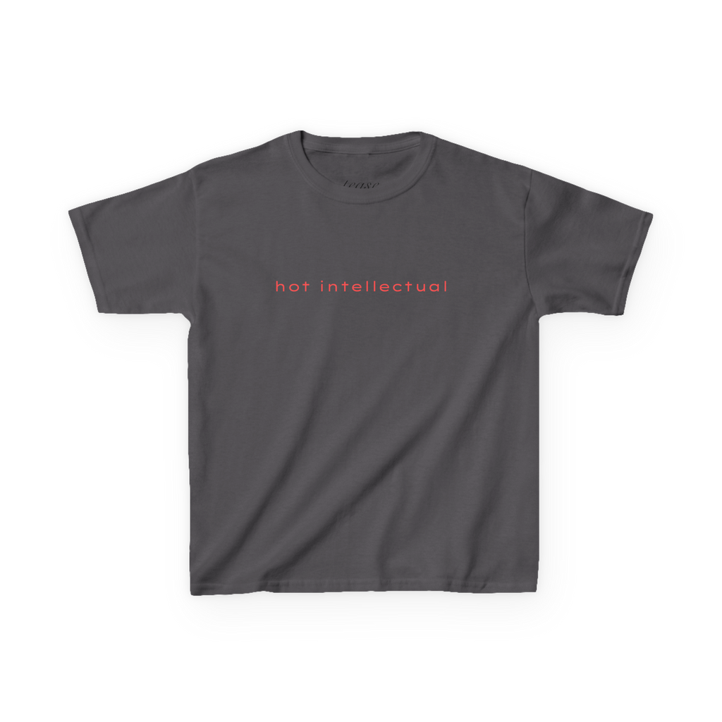 Gray t-shirt with 'hot intellectual' text on a white background