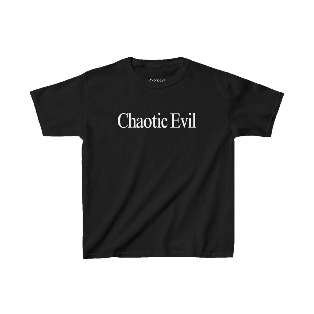 Black t-shirt with 'Chaotic Evil' text on a white background