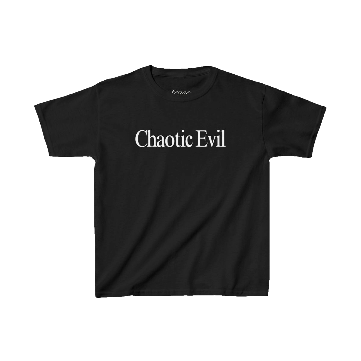 Black t-shirt with 'Chaotic Evil' text on a white background