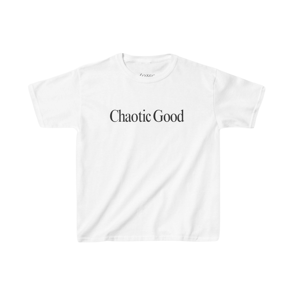 White t-shirt with 'Chaotic Good' text on a white background