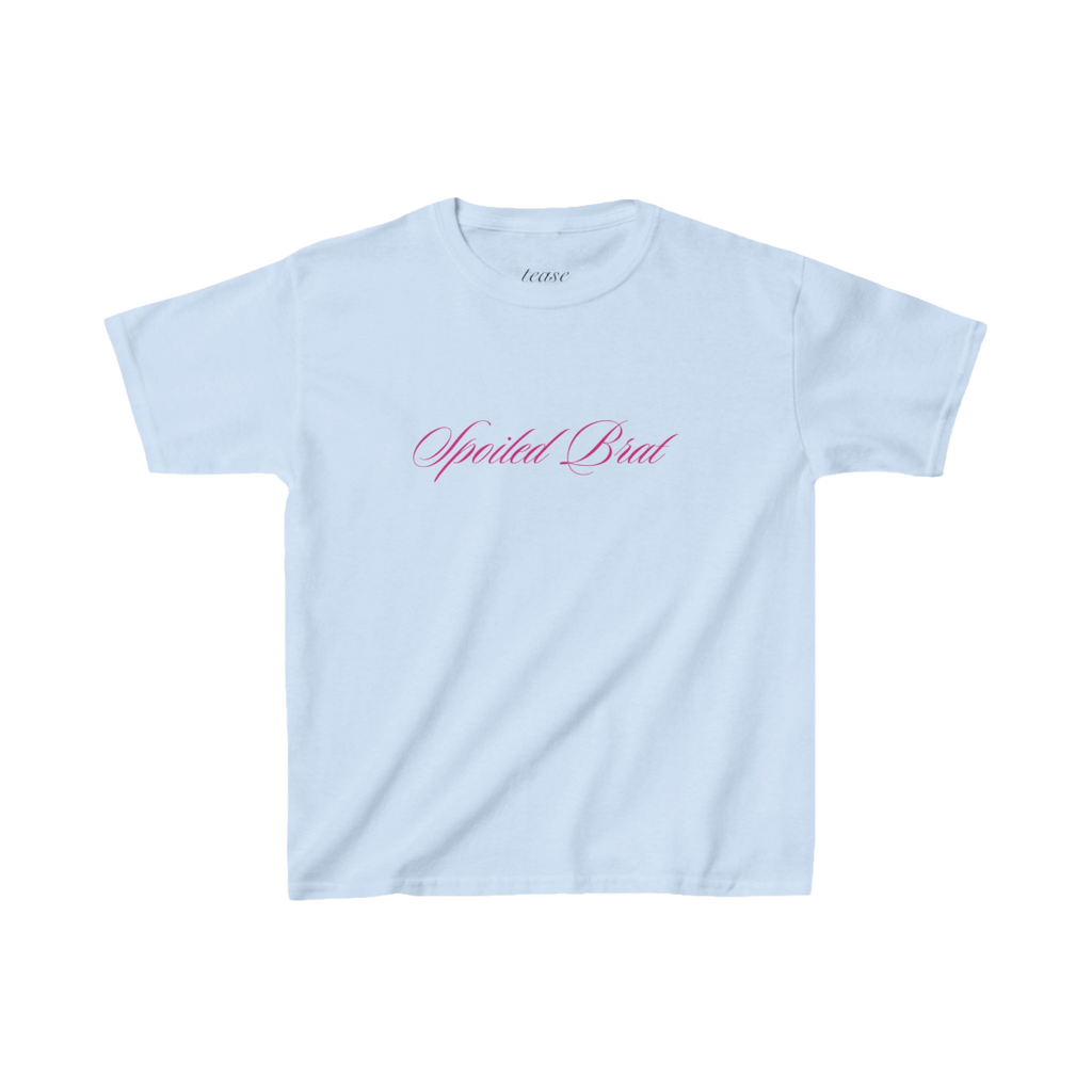 Light blue t-shirt with 'Spoiled Brat' text in pink on a white background