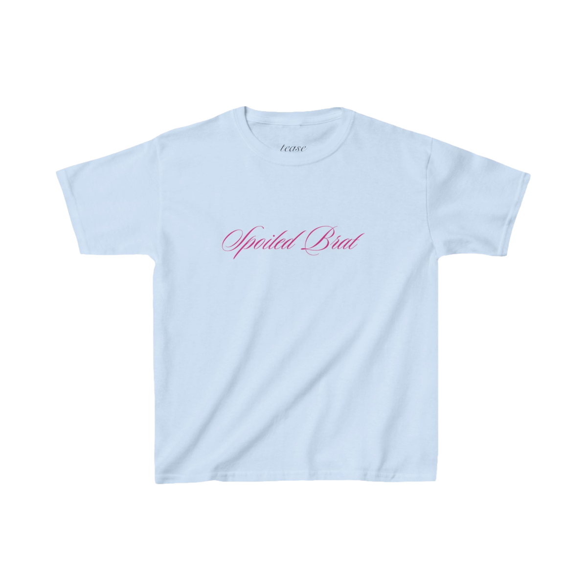 Light blue t-shirt with 'Spoiled Brat' text in pink on a white background