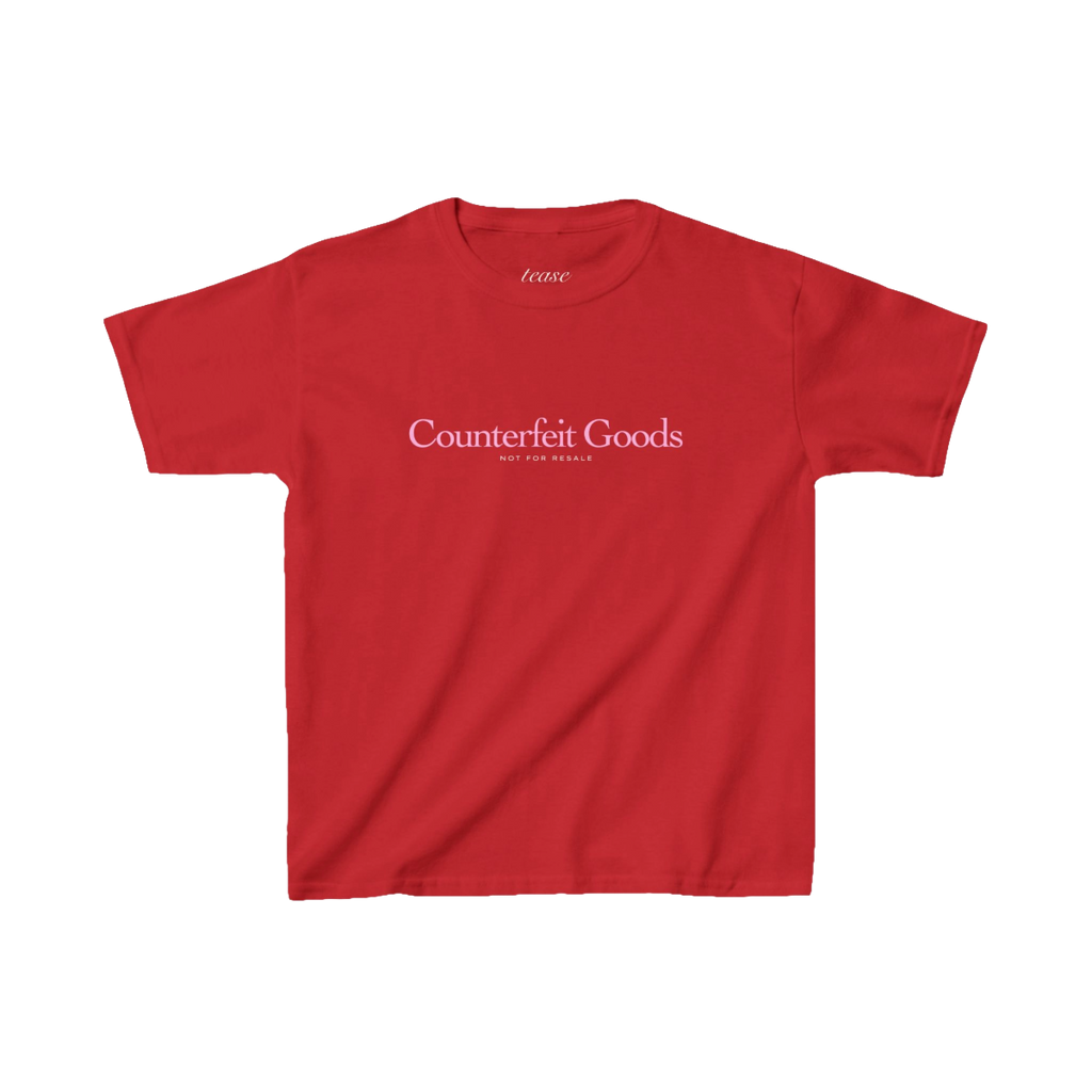 Red t-shirt with 'Counterfeit Goods' text on a white background