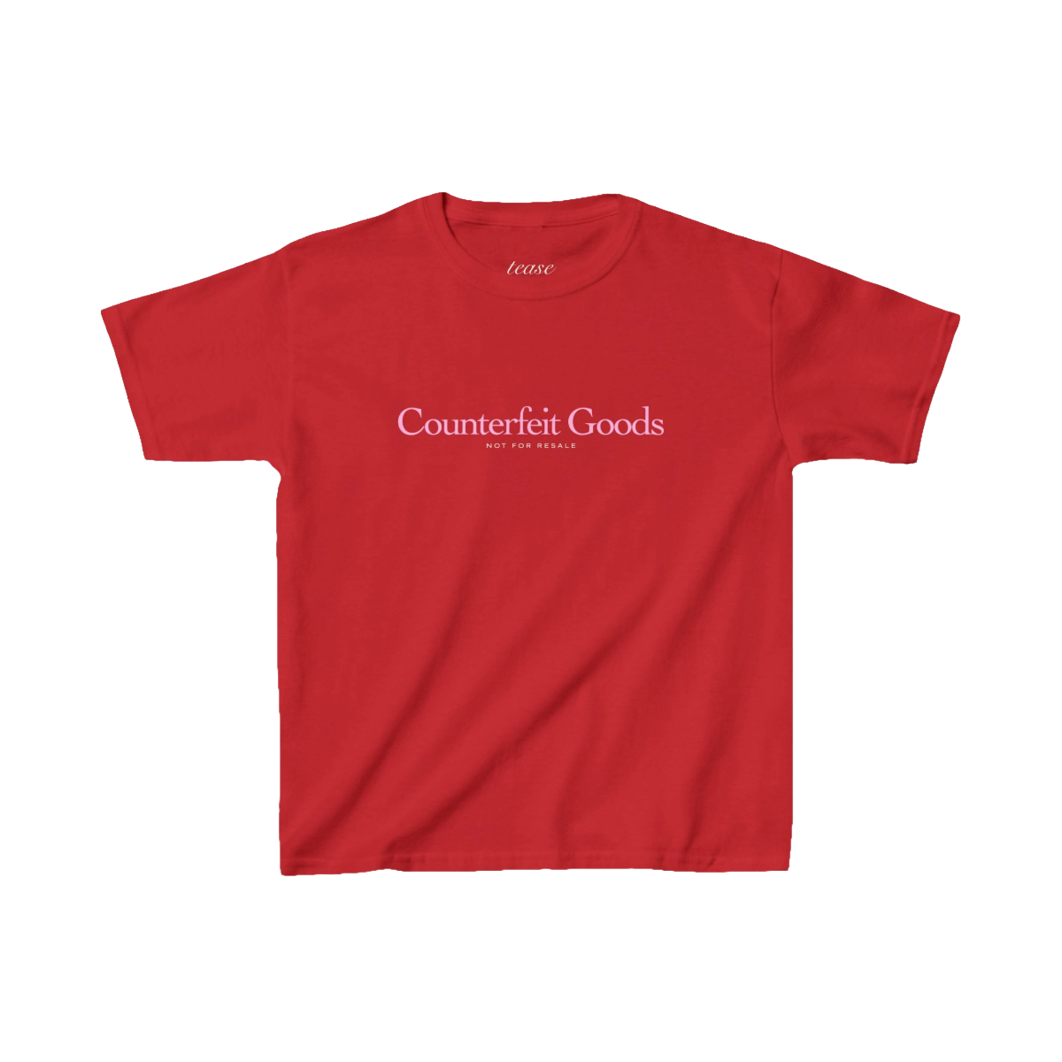 Red t-shirt with 'Counterfeit Goods' text on a white background