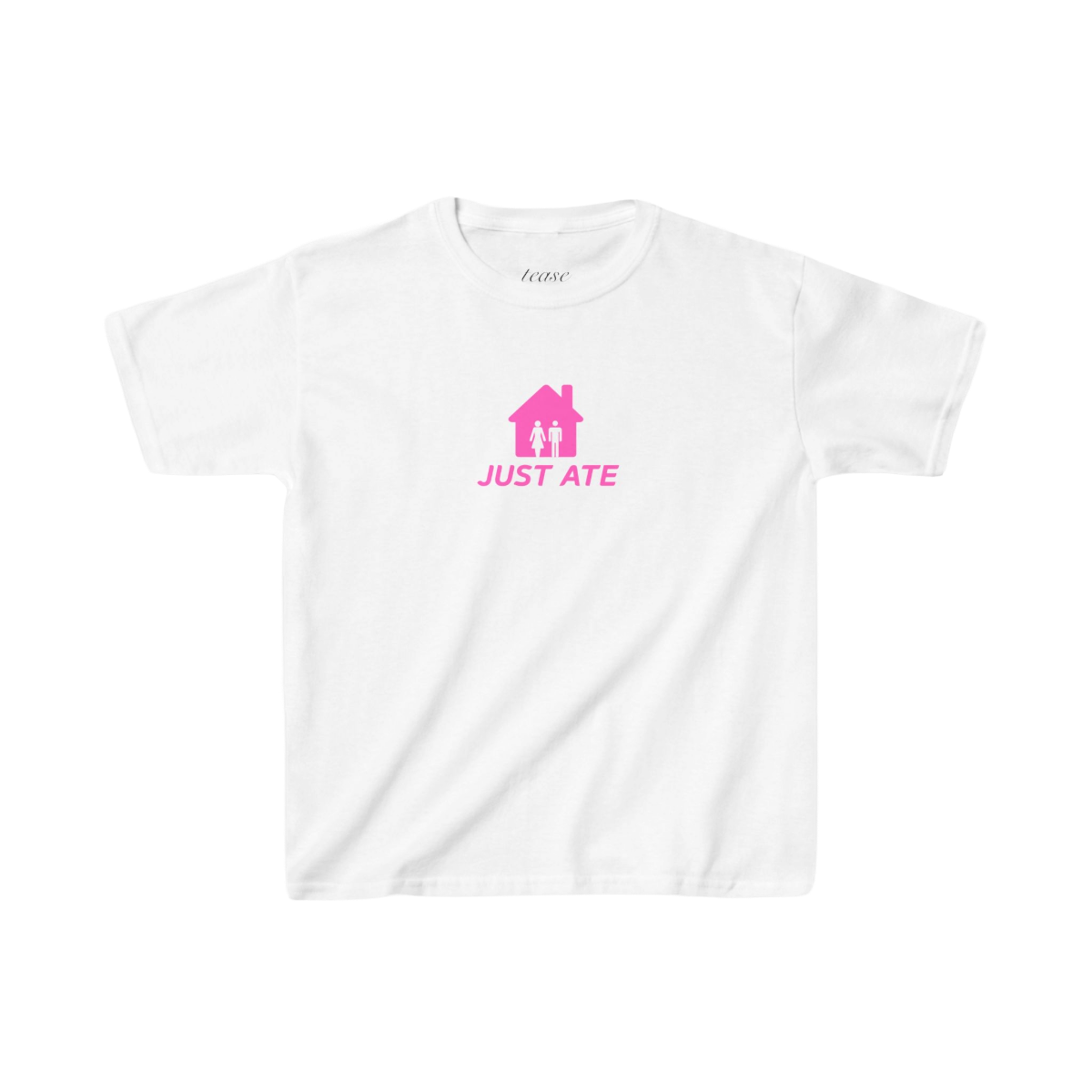 White t-shirt with pink graphic and text on a white background