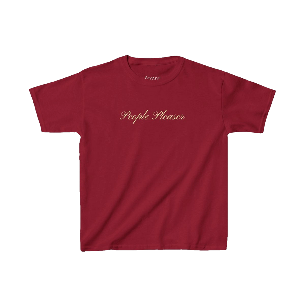 Red t-shirt with 'People Pleaser' text on a white background