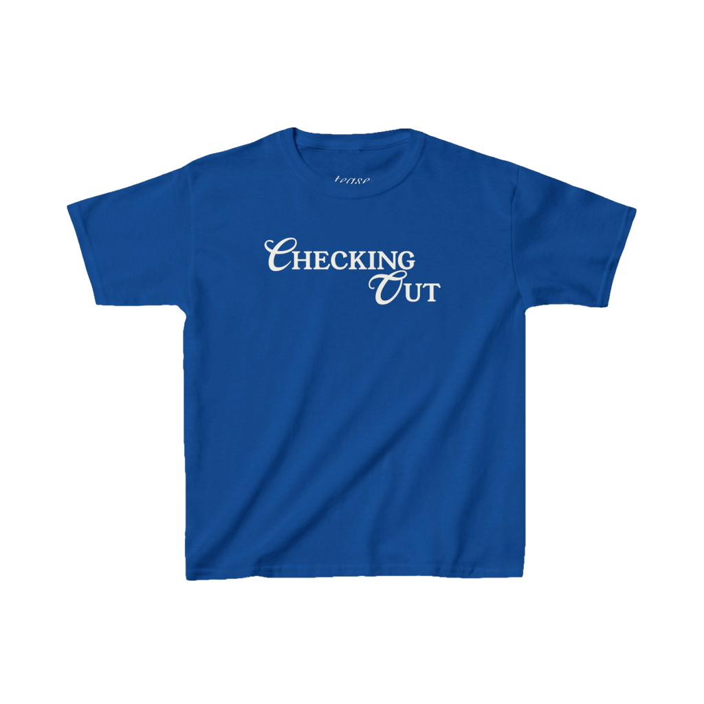 Blue t-shirt with 'Checking Out' text on a white background