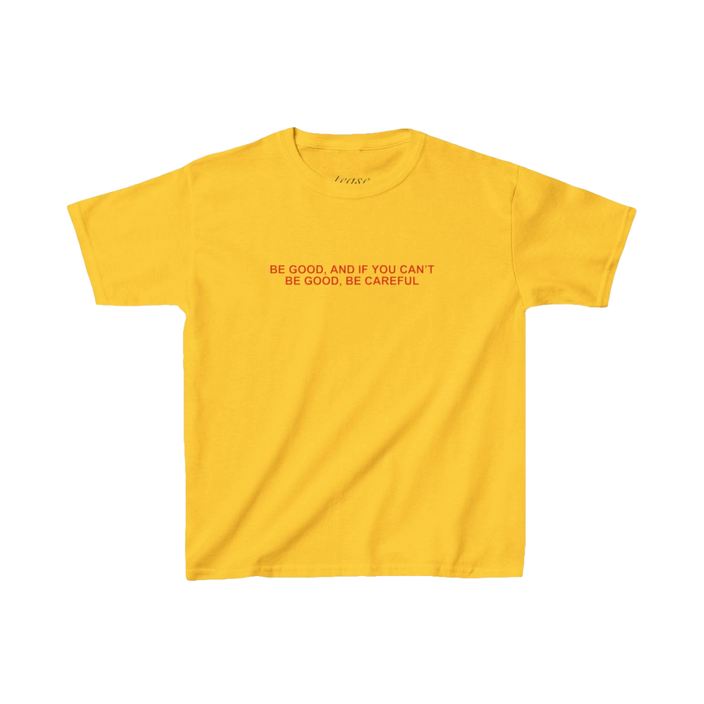 Yellow t-shirt with red text on a white background