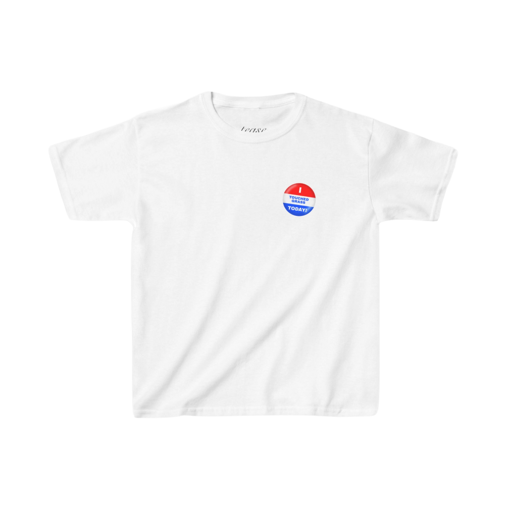 White t-shirt with a colorful logo on a white background