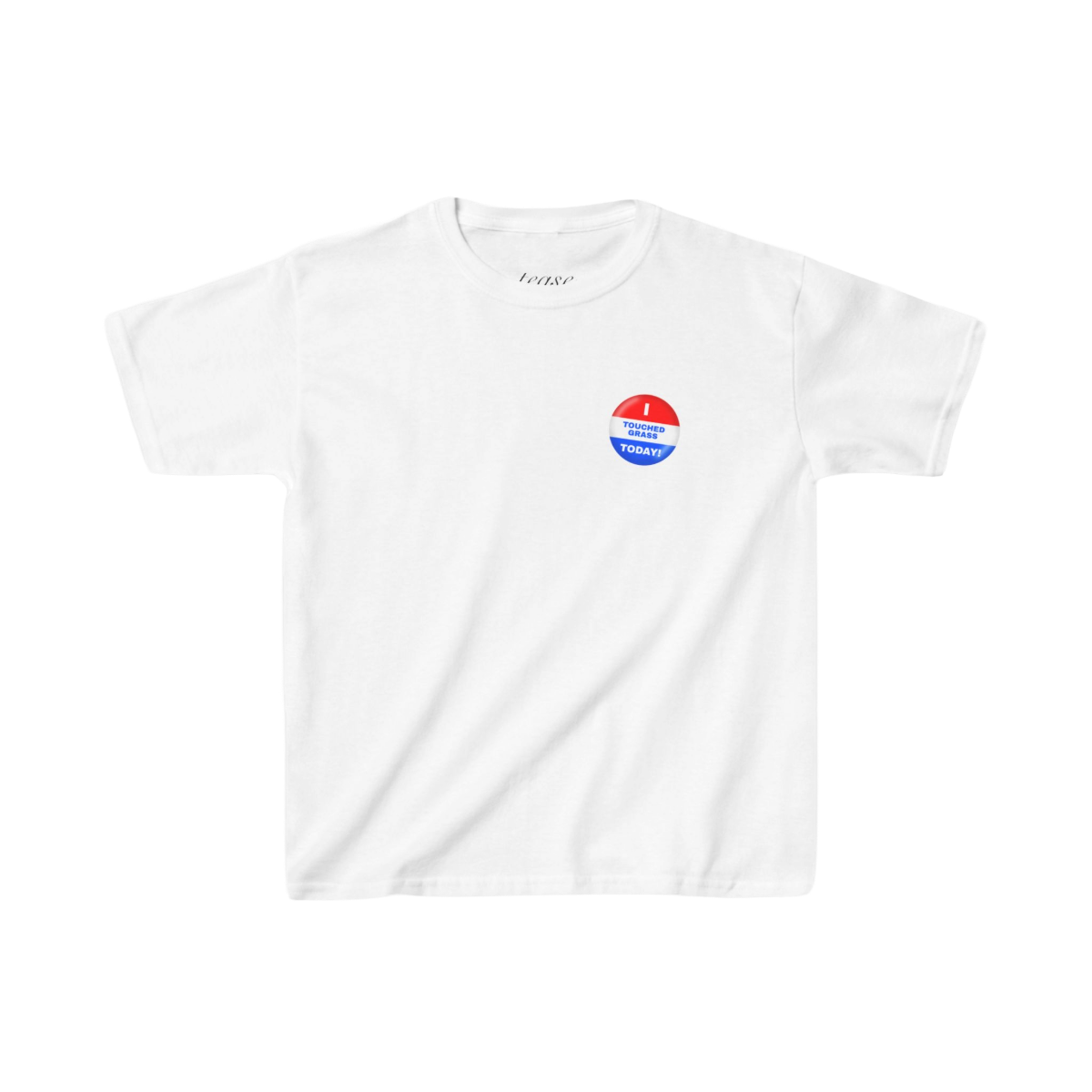 White t-shirt with a colorful logo on a white background
