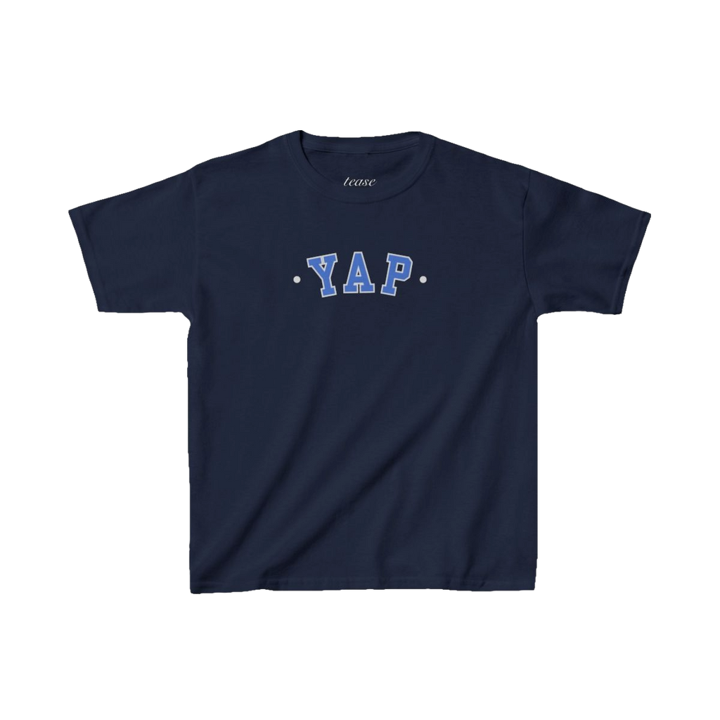 Navy blue t-shirt with 'YAP' printed on it against a white background