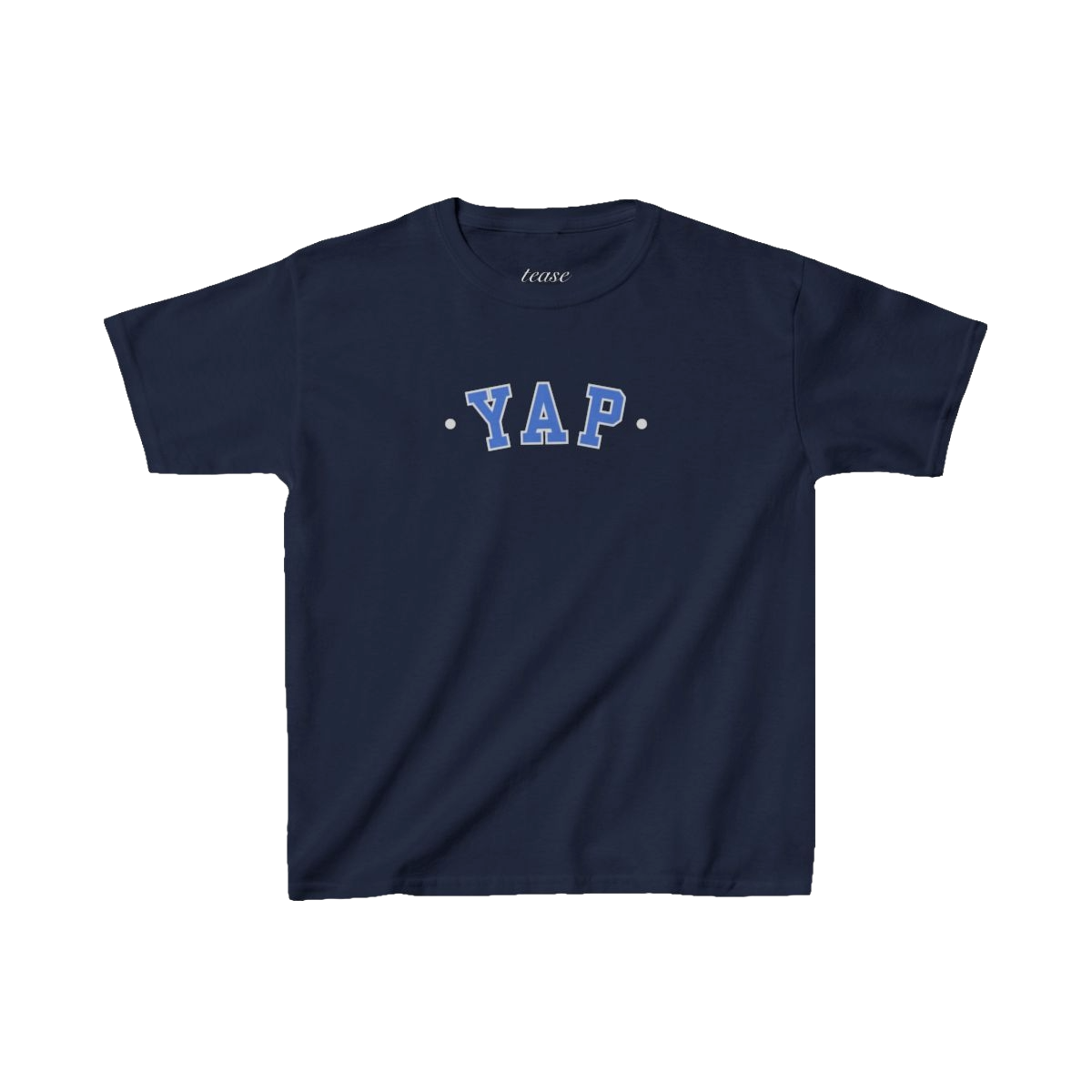 Navy blue t-shirt with 'YAP' printed on it against a white background