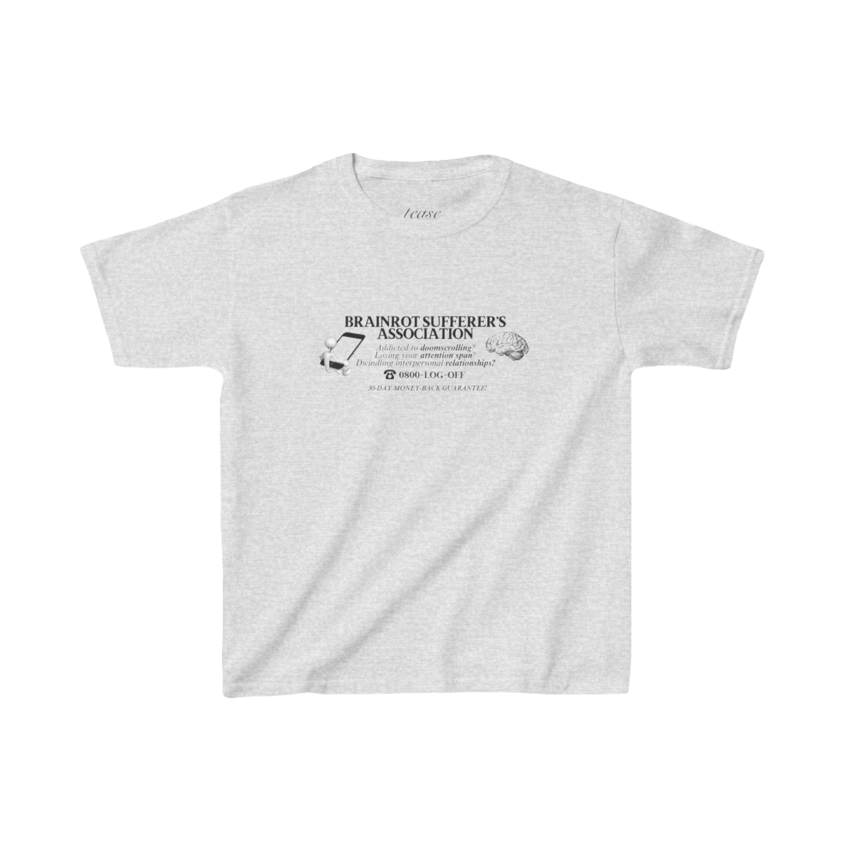 Gray t-shirt with black text and graphics on a white background