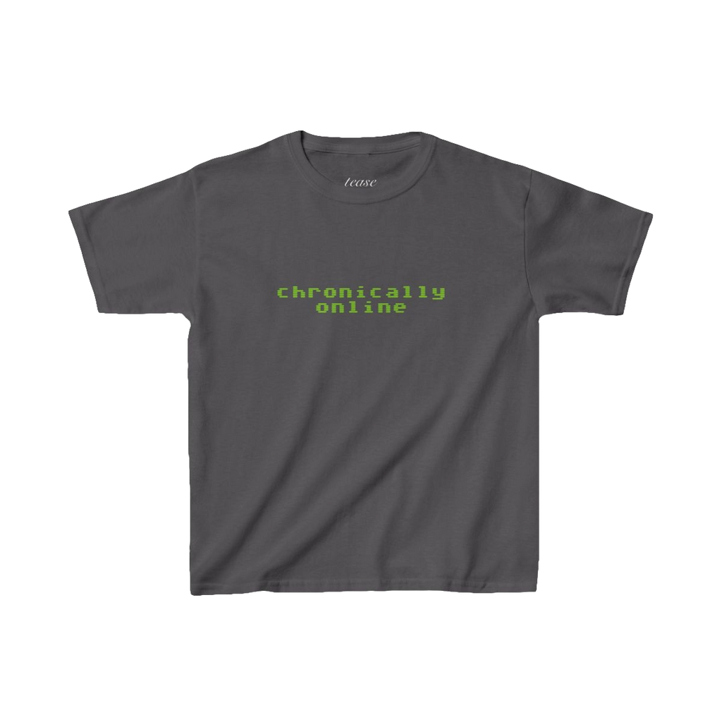 Gray t-shirt with 'chronically online' text in green on a white background