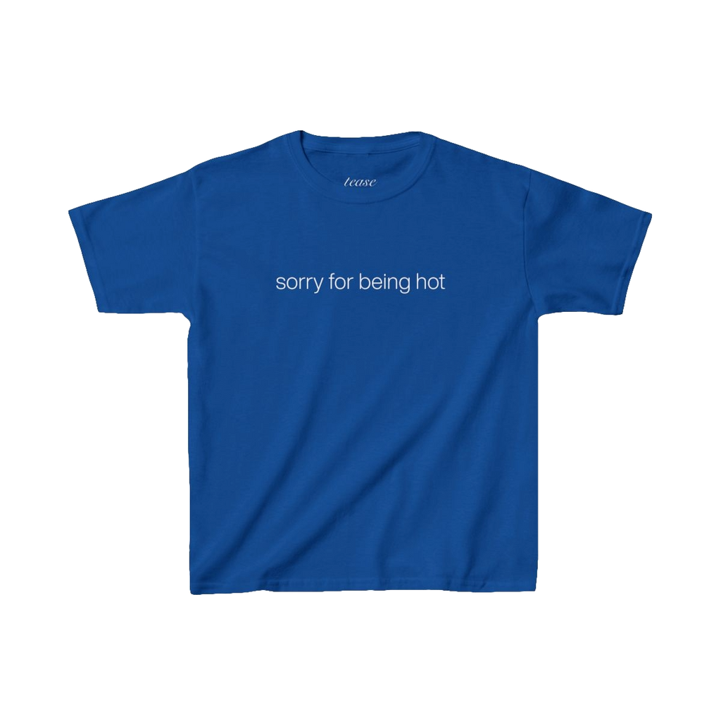 Blue t-shirt with 'sorry for being hot' text on a white background